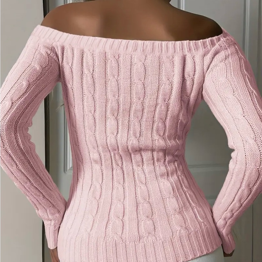 NWT • Women’s Sexy L/S Pale Pink Off-The-Shoulder Cable Knit Sweater - Picture 3 of 5